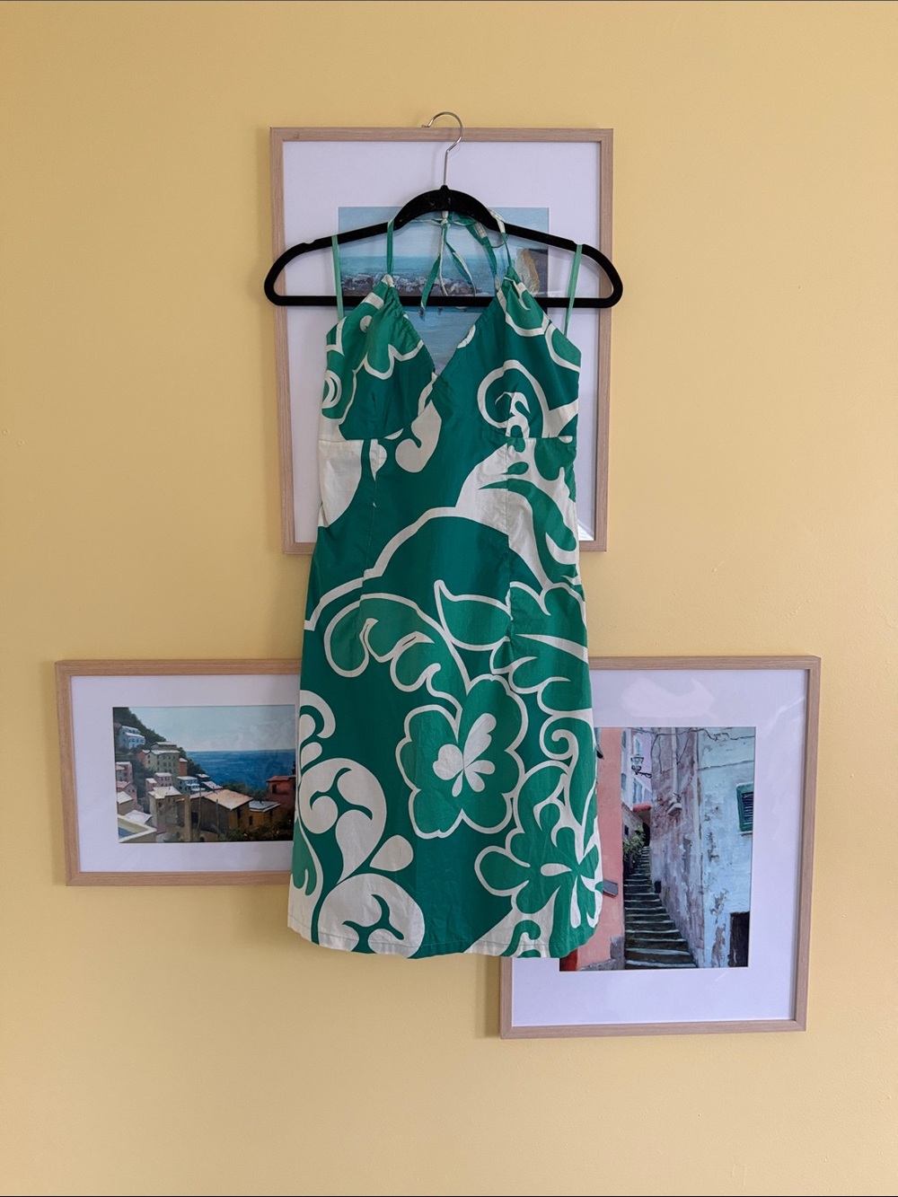 H&M Green & White Floral Halter Sundress Smocked Back Size 12
